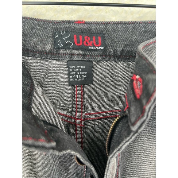 U&U Vintage Mens 44X34 Black Painted Urban Baggy Y2K Cotton Jeans Streetwear - Picture 9 of 10